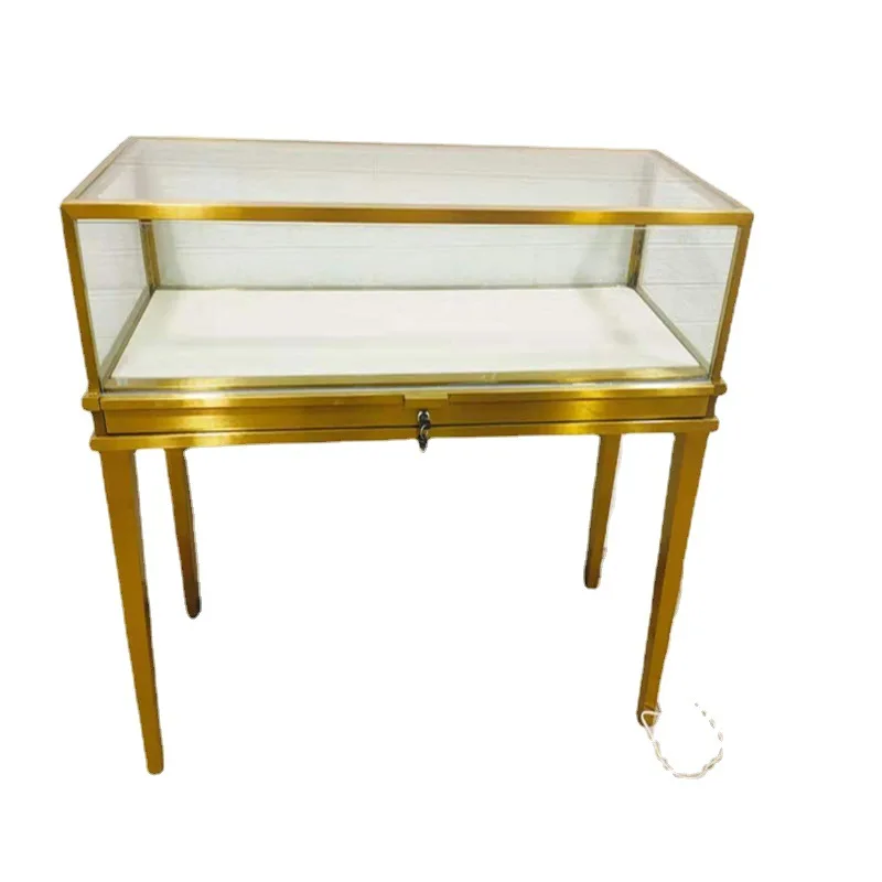 

Custom, luxury gold metal glass accessories storage cabinet double door LED light jewelry shop furniture showcase with drawers