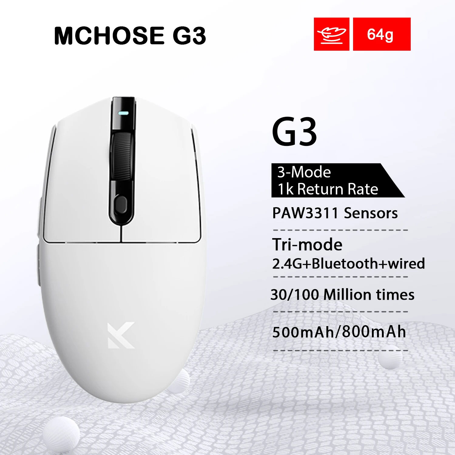 Mchose G3 Wireless Gaming Mouse 12000 DPI PAW3311 Tri-mode 2.4GHz/Bluetooth/Wired Large Battery Lightweight Ergonomic Laptop PC