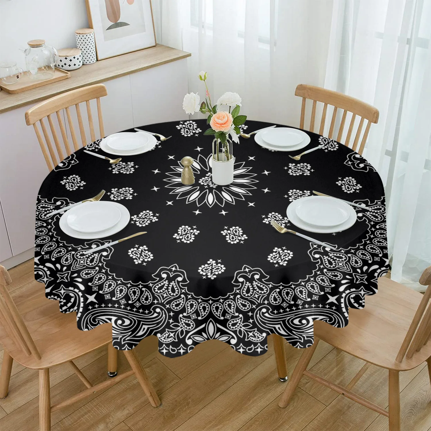 

Black Bandana Round Table Cloth Festival Dining Waterproof Tablecloth Table Cover for Wedding Party Decor
