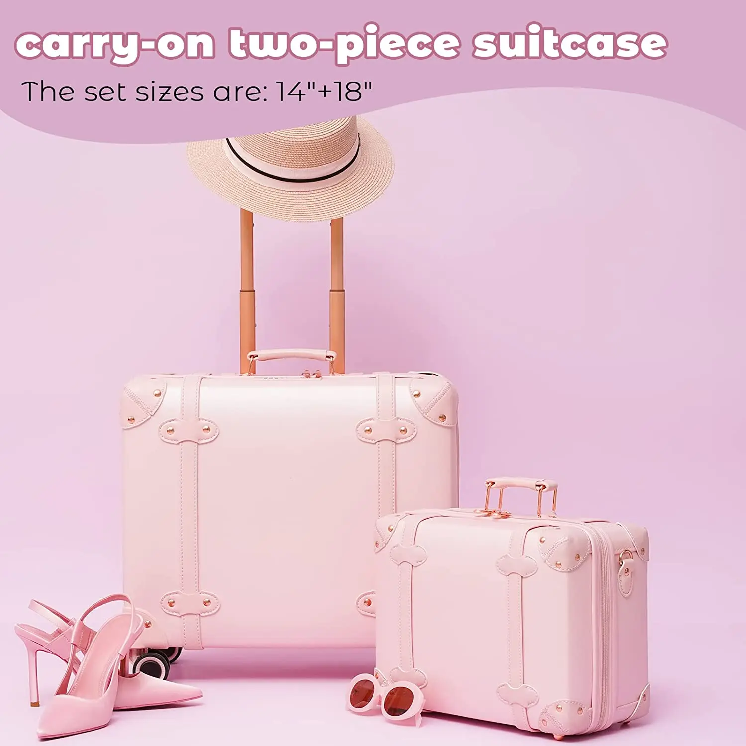 urecity Vintage Suitcase Set for Women, Vintage Luggage Sets for Women 2 Piece, Cute Designer Trunk Luggage, Retro Suit Case (Rose White, 20+12)