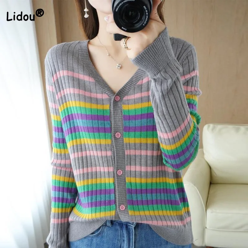 

Fashion All-match Striped V-Neck Sweaters Autumn Winter Women's Clothing Trend Slim Long Sleeve Knitted Cardigan for Female