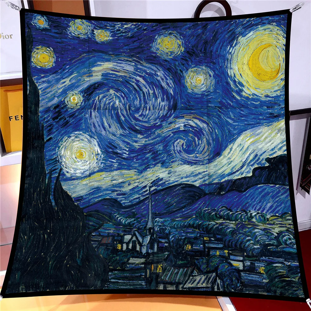 90cm Starry Sky Imitation Twill Fashion Silk Scarf Square Women Hijab Bandana Foulard Head Scarf Van Gogh Oil Painting Kerchief 6