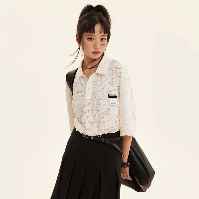 

NELLARGEL Hole Blouses For Women Fashion 2023 White Streetwear Y2k Women Blouse Korean Style Button Japanese Short Sleeve Shirts