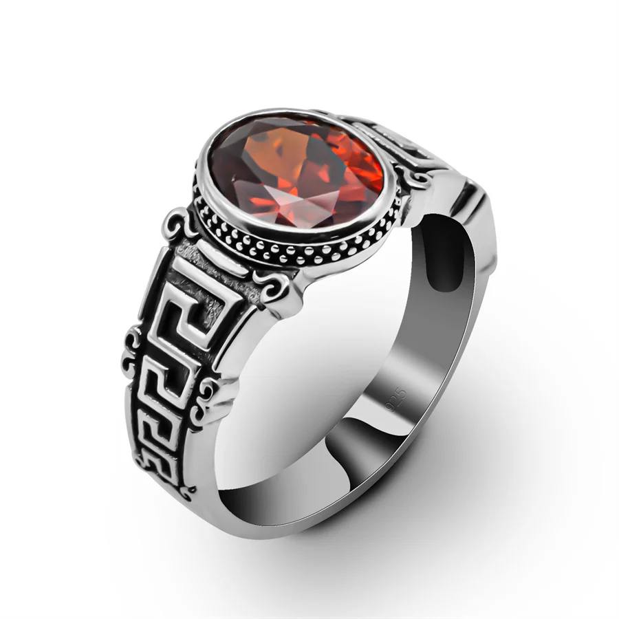 Real 925 Sterling Silver Mens Ring Red Cubic Zirconia Stone