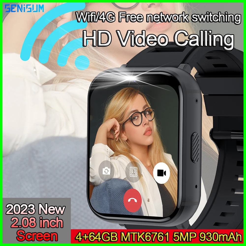Мужские Смарт-часы, 4G, 2,08 дюйма, 4 + 64 ГБ, 930 мАч, 5 МП, HD, SIM-карта, Wi-Fi, GPS, SOS