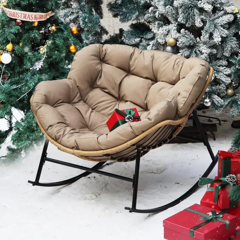 Indoor Outdoor Papasan Rocking Chair with Cushion, Oversized All Weather Patio Wicker Egg Rocker