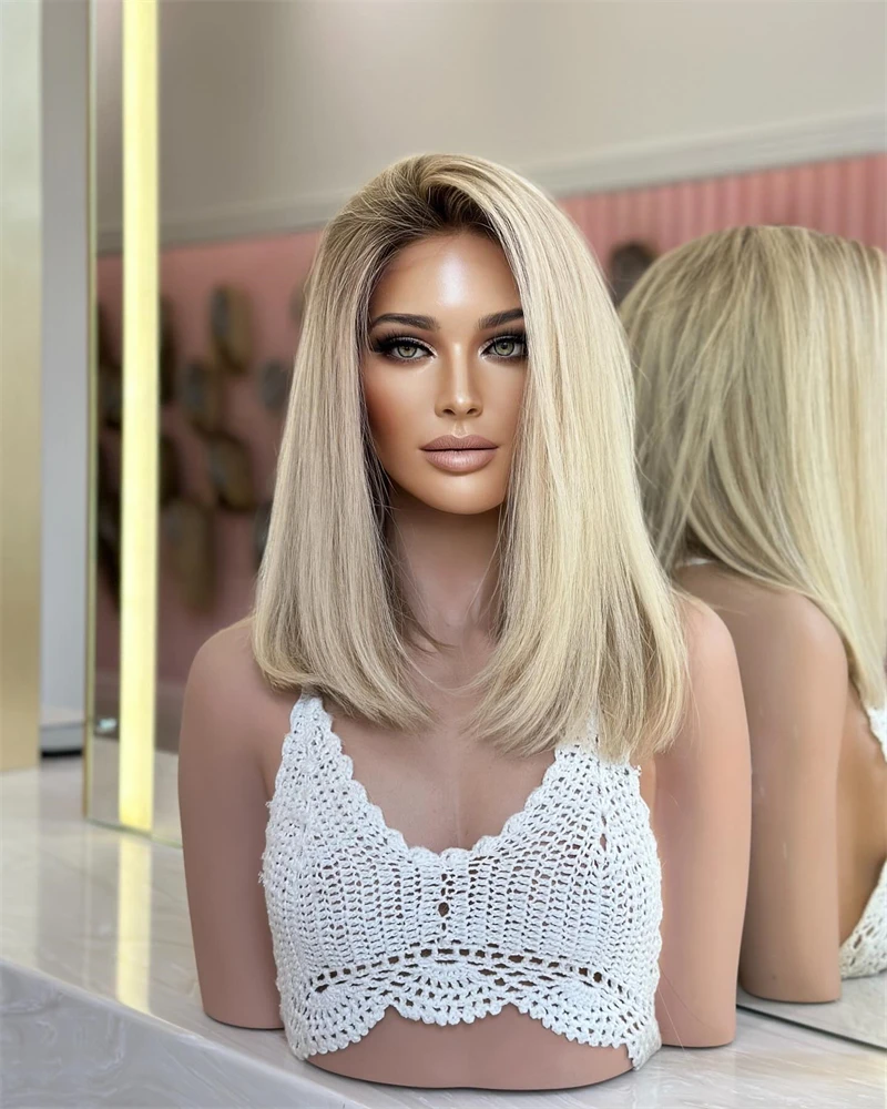 Synthetic Wigs Ash Roots Ombre Blonde Short Straight For Lady Girl Women Cosplay High Temperature Natural Fake Hair