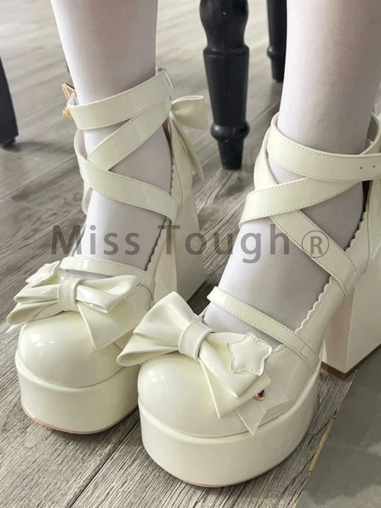 Women Sweet Vintage Mary Janes Shoes Star Buckle Lolita Kawaii Platform Bow-knot Cute Designer Summer mary jane shoes