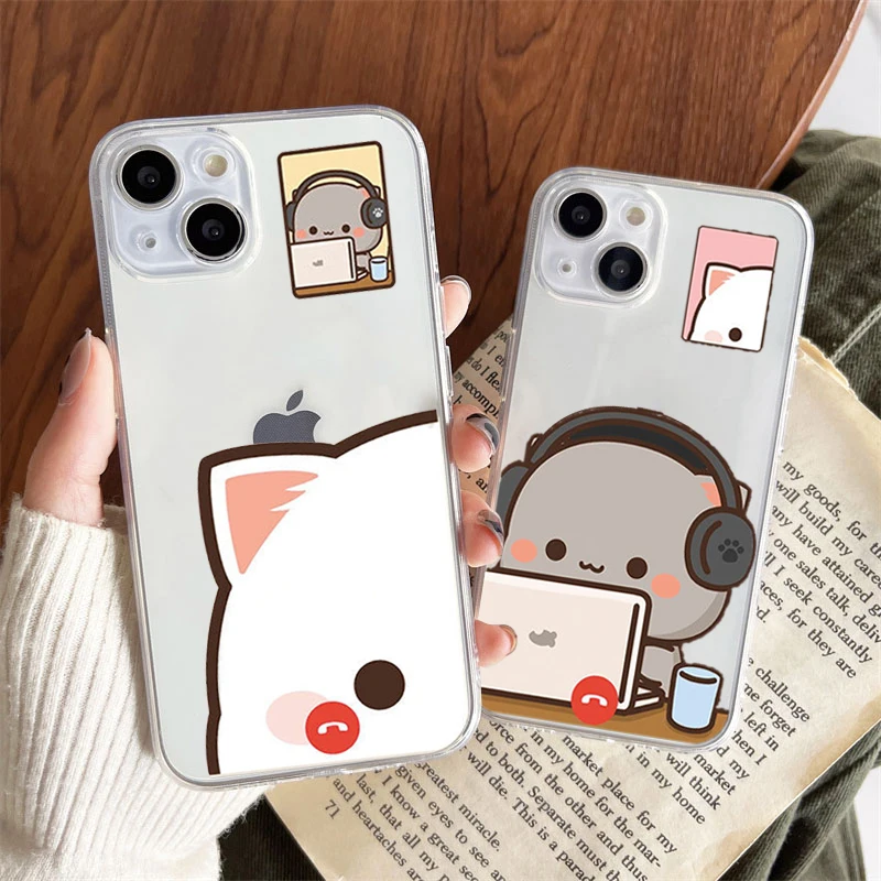 Cartoon Peach Mochi Cat Couple Soft Transparent Phone Case