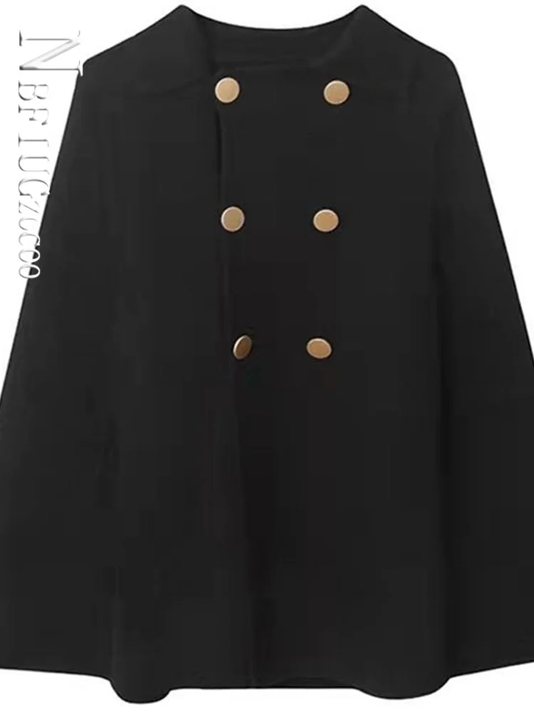 Women Wool Blends Double Breasted Chic Black Cloaks All Match British Style Loose Fashion Elegant New