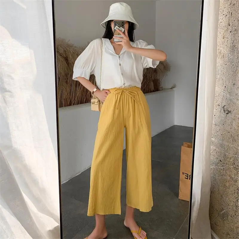 Spring Summer Women Wide Leg Cotton Pants Casual loose ealstic waist wide leg Calf-Length Pants for Female Trousers