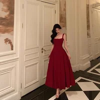 Elegant French Style Hepburn Red Dress Summer New Waist Cinching Slimming Pleated A- Line Long Skirt Knee-Length Sleeveless