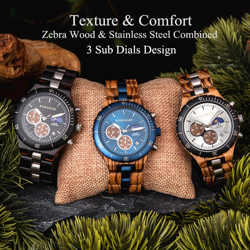 BOBO BIRD Men's Watches Wood & Stainless Steel Combined Wristwatch Chronograph Auto-Date Clock With Gift Box 2
