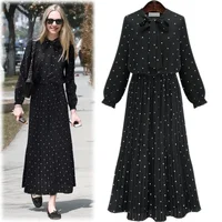 Long Sleeve Polka Dot Print Bohemian Pleated Maxi Dress Women's Fashion Elegant Style Skirt Dress for Ladies Size plus