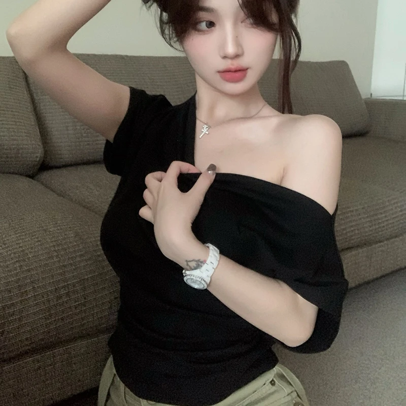 Summer Sexy Off Shoulder Short Sleeve T-shirt Women Solid Color Chic Crop Top