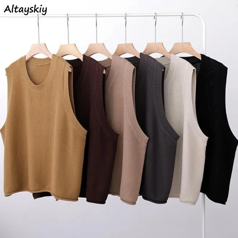 

Solid Loose Sweater Vests Women O-neck All-match Simple Knitted Spring Autumn Tops Chic Popular Female Outerwear Literary Baggy