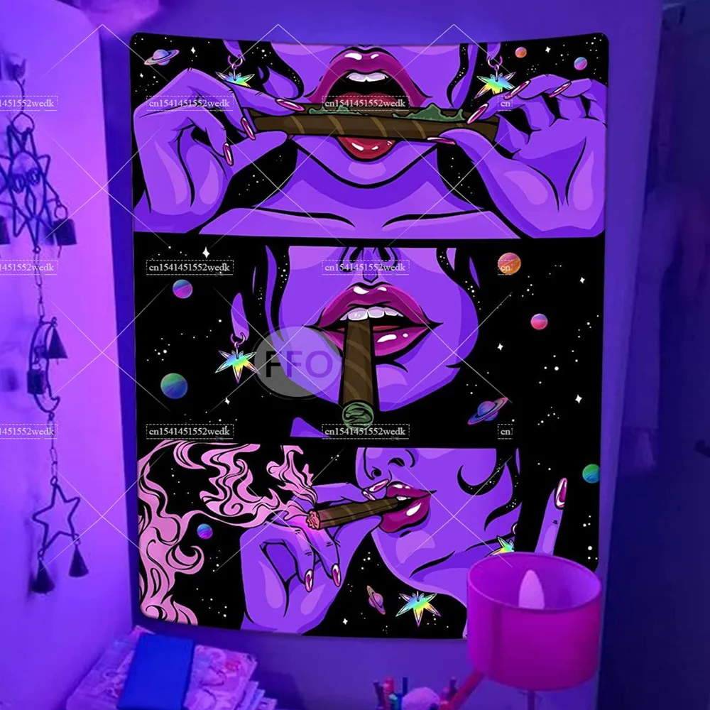 Tapestry Decorations Trippy Girl Blacklight Tapestry UV Reactive Wall Hanging Living Room Decor Decoration Smoking Tapestries Aesthetic Sofa Blankets