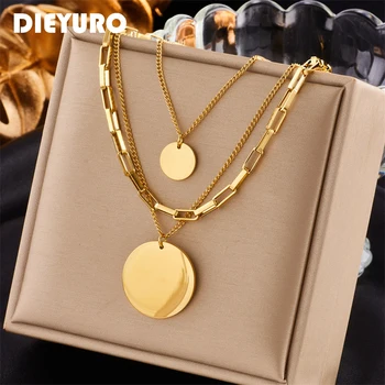 Dieyuro 316l aço inoxidável cor de ouro 3in1 pingente redondo colar para mulheres moda meninas multicamadas corrente pescoço jóias presente 1
