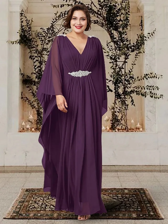 

Elegant Long Purple V-Neck Chiffon Mother of the Bride Dress With Pockets A-Line Floor Length Long Sleeve Party Dress for Women