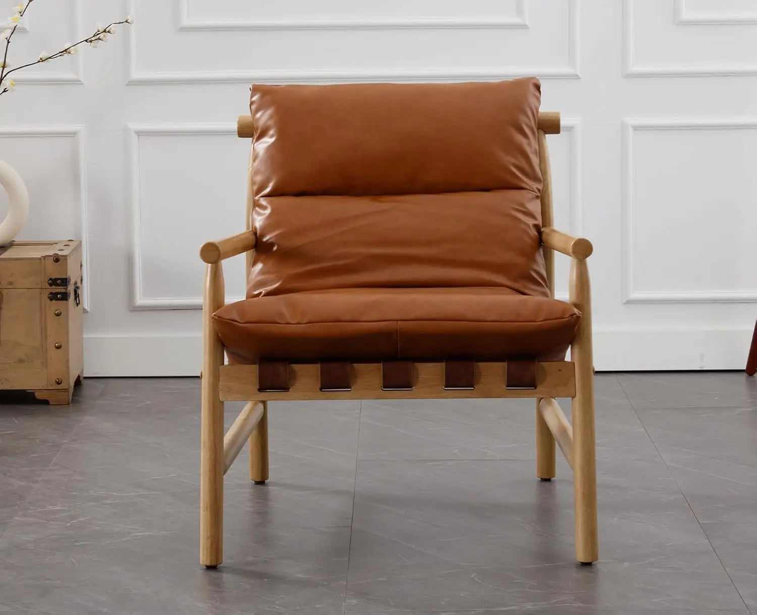 Modern Sling Accent Upholstered PU Leather Living Room Soft Comfy Lounge Chair Solid Wood Frame with Armrest