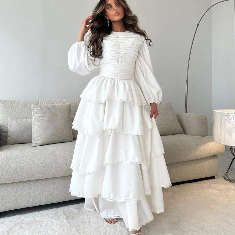 

Carolina O-Neck Tiered Puffy Sleeves Evening Dresses Women Saudi Arabia White A-Line Wedding Guest Elegant Formal Party Gowns