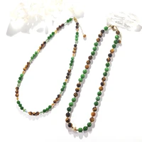 Lii Ji Green Jade Tiger's Eye Natural Stone 6mm/8mm 14K Gold Filled Necklace For Women Girls Gift 45+3cm
