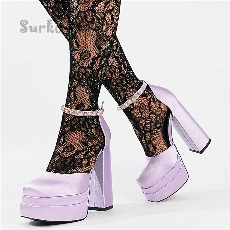 

Candy Color Platform Shoes Rome Rhinestone Ankle Strap Thick Heels Women's Sandals Satin Shallow Square Toe Buckle Banquet Shoes