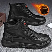 Men's High-Top Waterproof Winter Boots Fleece Lined Casual Leather Shoes Anti-Slip Work Cotton Shoes Black All-Season Boots