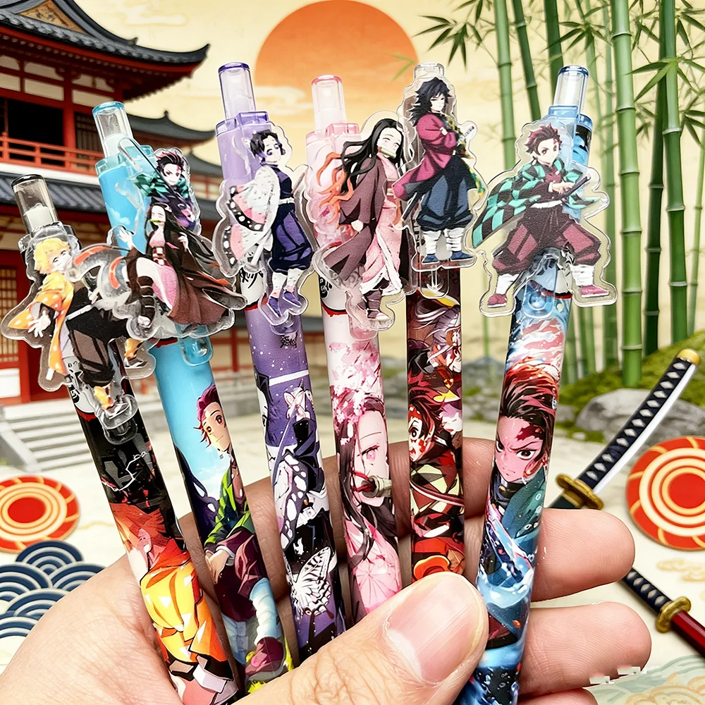 6 Stück Kawaii 0,5mm Schwarze Gelstifte Set Demon Slayer Niedliche Cartoon-Anime Schul- und Bürobedarf Geschenke