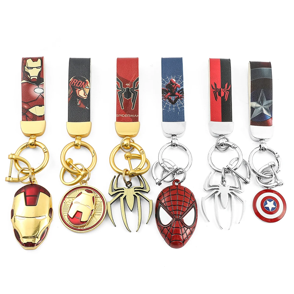 Marvel Avengers Portachiavi In Pelle Supereroe Iron Man Spiderman Leather Badge Mask Ciondolo Per Accessori Portachiavi Per Auto