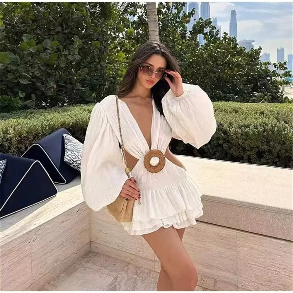 

2024 New Style Pure Desire Sexy Side Waist Exposed V-neck Long Sleeve Dress Fashion Pondy Short Skirt