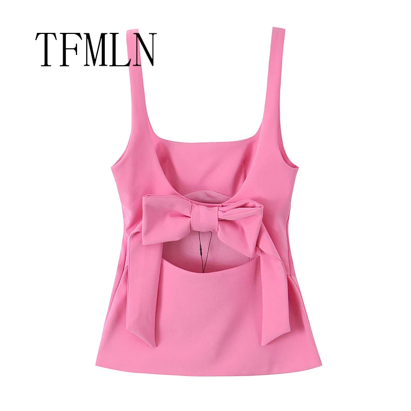 TFMLN Fashion Summer Women's Backless Bow Tops  Female Square Neck Slim Tank Tops Solid Camisole Y2k Vests Short Top