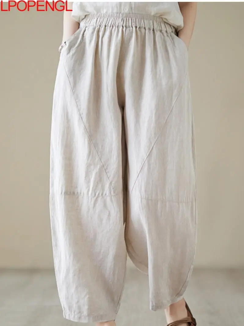 

2023 New Vintage Women's Summer Solid Color Harem Pants Ankle-length Pants Loose Casual Elastic Waist Cotton And Linen Bloomers