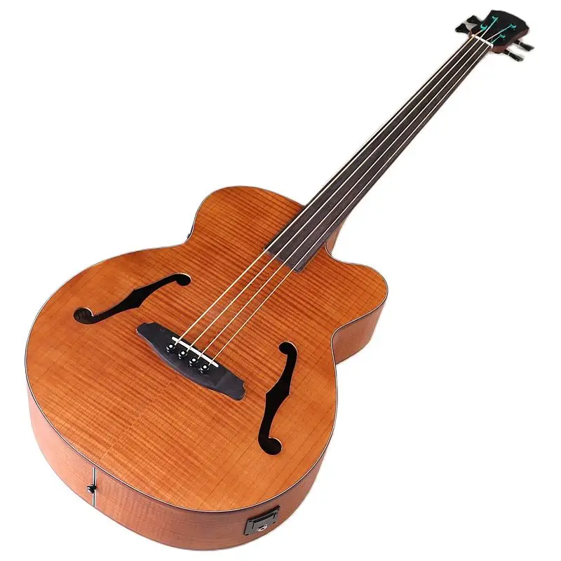 43 Inch Jumbo Bass Acoustic Bass Guitar F Hole Full Flame OAK Fretless 4 String Guitar with EQ Electric Acoustic Gutiar