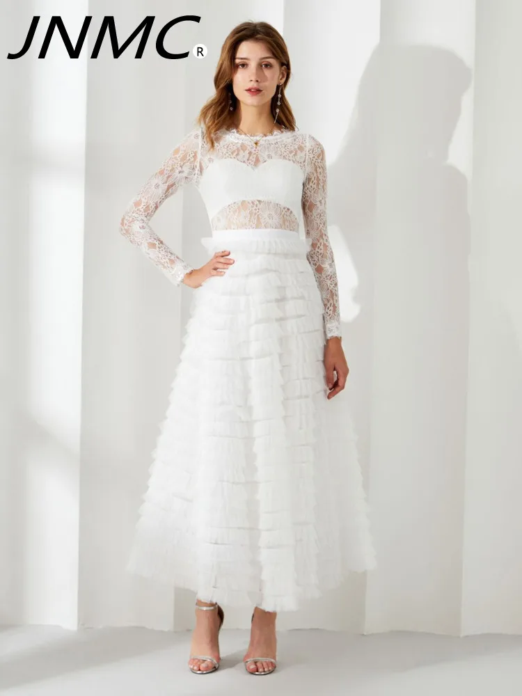 

JNMC Solid Color Elegant And Hollowed Out Lace Long Sleeved Round Neck A-line Dress For Women 2024 Spring Summer New Style
