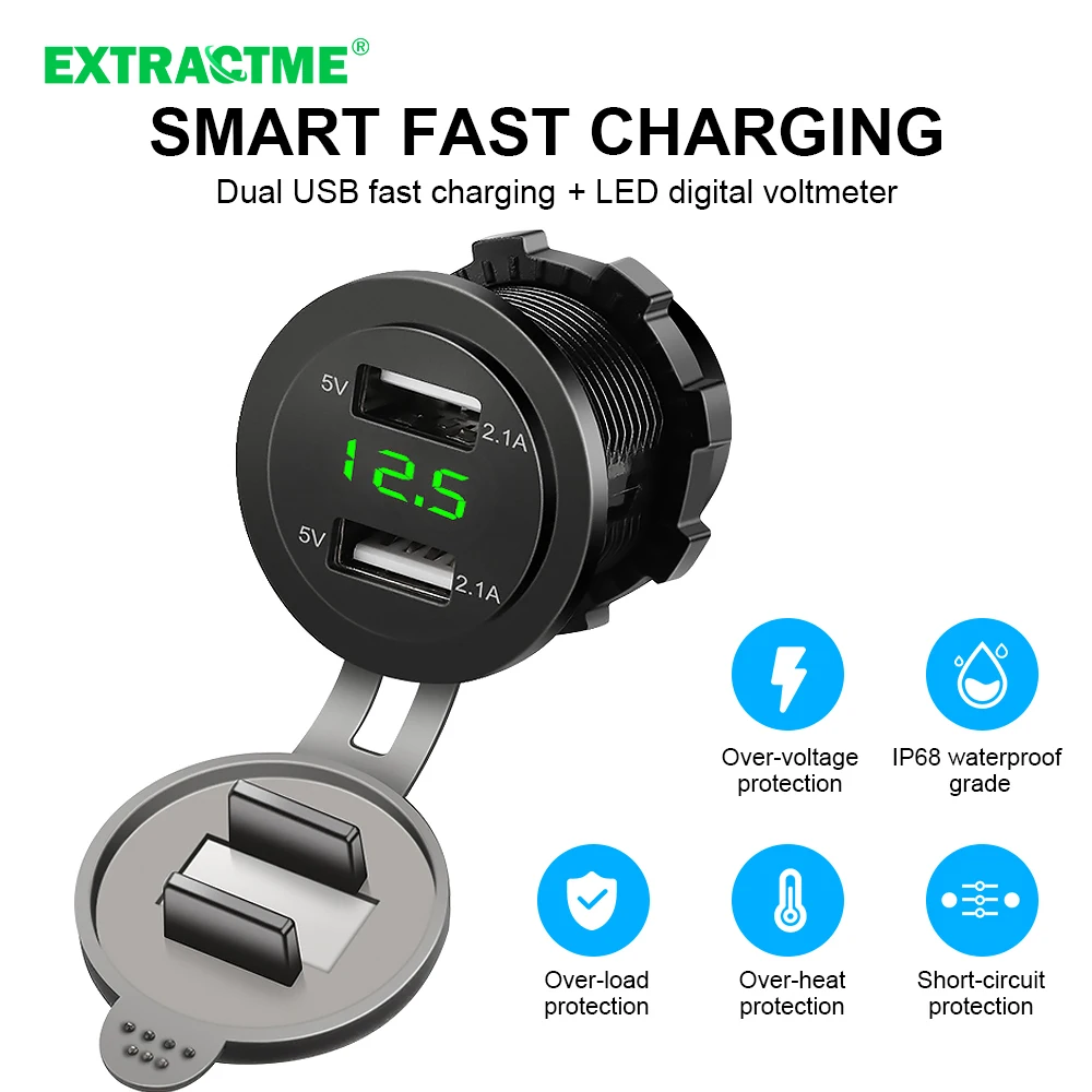 Extractme 4.2A USB Charger Socket 12V 24V Fast Charging Moto Auto with LED Voltmeter Splitter Adapter Power Plug |