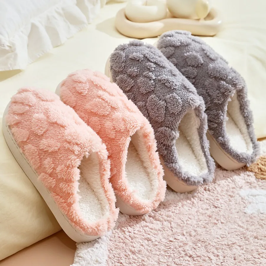 2024 New Women's Solid Color Cotton Slippers Thick Bottom Warm Slippers Soft Female Couple Indoor Plush Flat Shoes 3