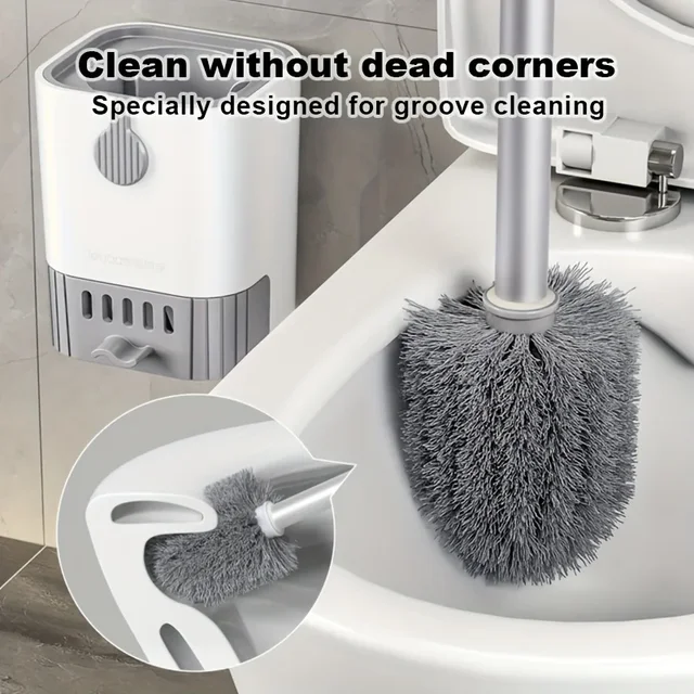 Toilet Brush Set With Holder, Wall Mounted Long Handle Toilet Brush Flexible Toilet Brush Bathroom Brush Cleaning Tools 2