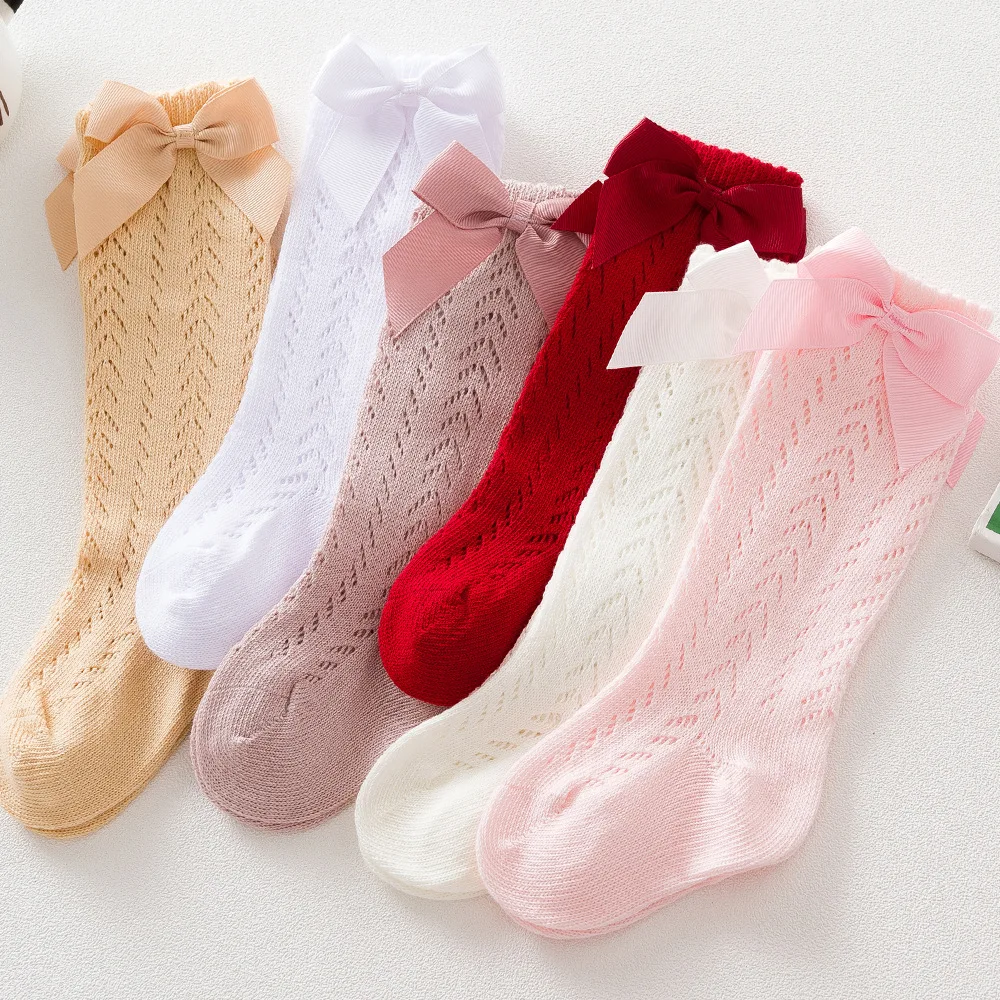 Summer Baby Girls Socks Toddlers Bow Long Sock Kids Knee High Soft Cotton Mesh Spanish Style Children 0-5 Years Breathable Socks