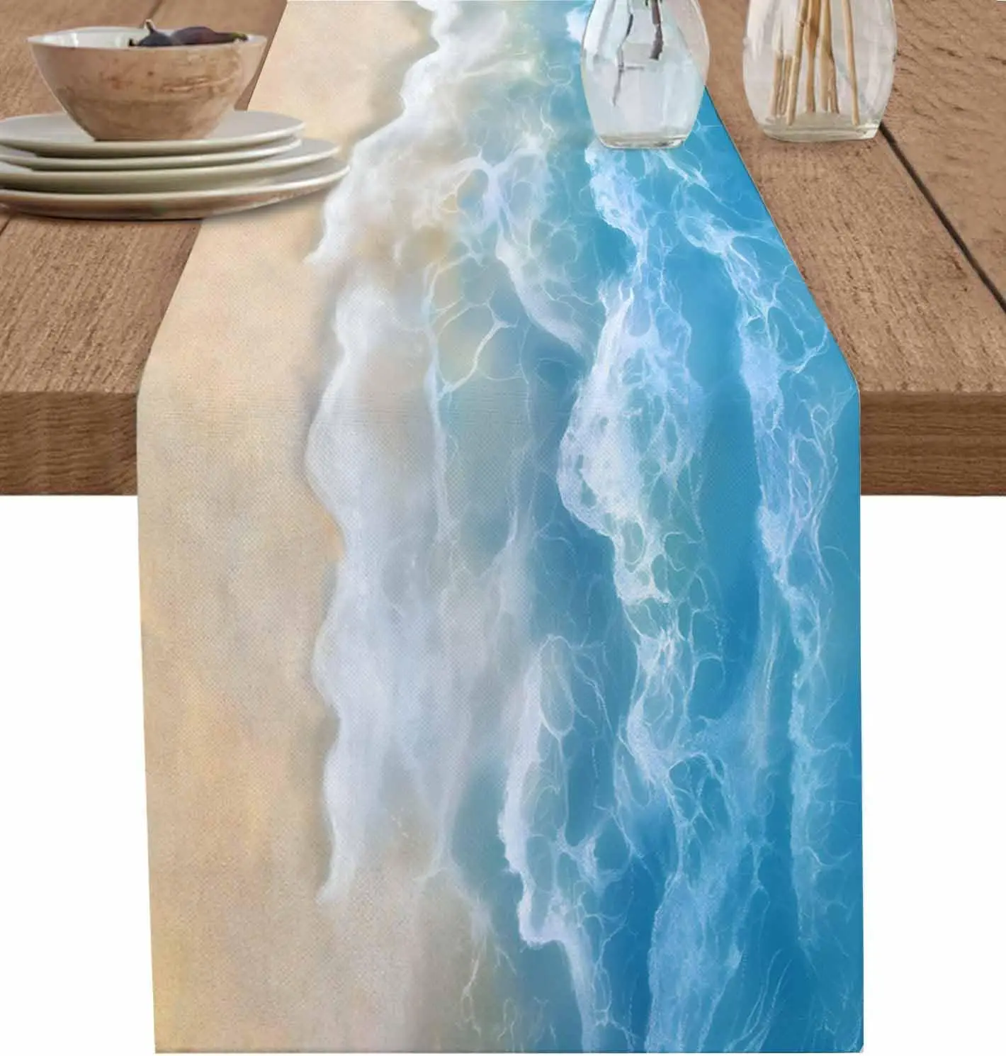 해변 바다 파도 푸른 물 리플 리넨 테이블 러너 드레서 스카프 장식 재사용 가능한 주방 식탁 러너 파티 장식-Freehip.co.kr