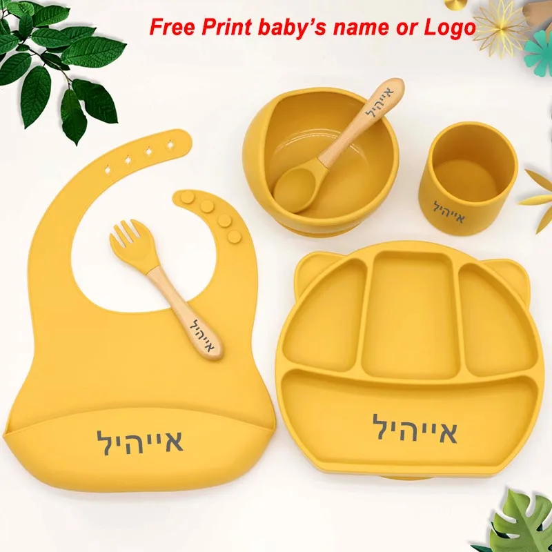 6Pcs Bear Dinner Plate Feeding Set For Kid Free Personalized Name Food Grade Silicone Suction Cup Plates Bowl Baby Tableware Set 4