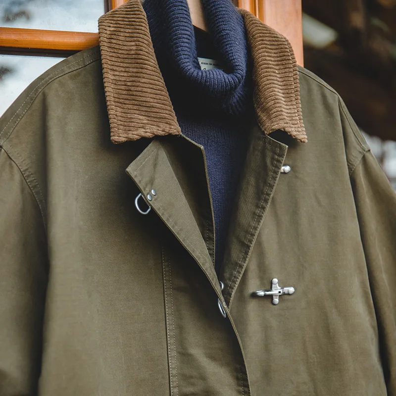 Trench Coat Casual Men Jacket Maden Vintage Corduroy Turn-down Trench Coat For Men Autumn Mid-length Loose-fit Outerwear Streetwear
