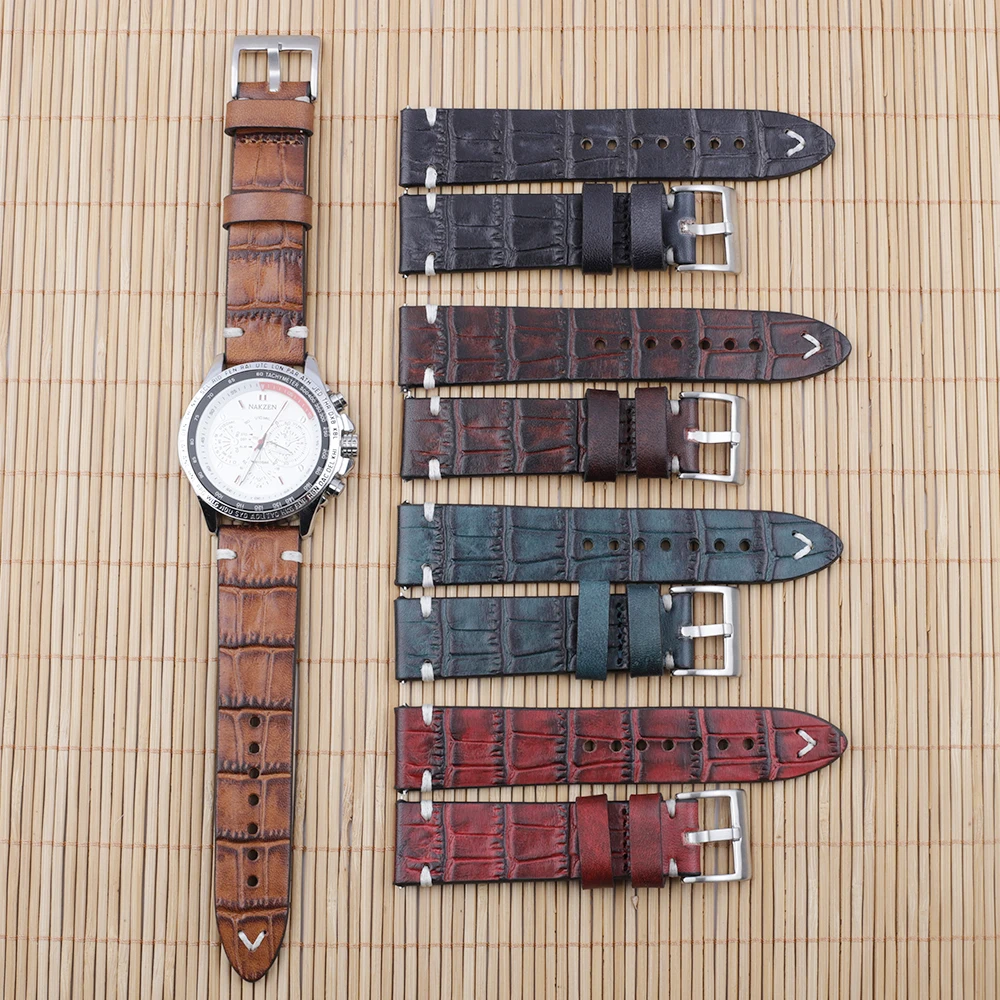 Vegetable Tanned Leather Watchband 18mm 20mm 22mm 24mm Handmade Stitching Genuine Leather Alligator Watch Strap Replacement