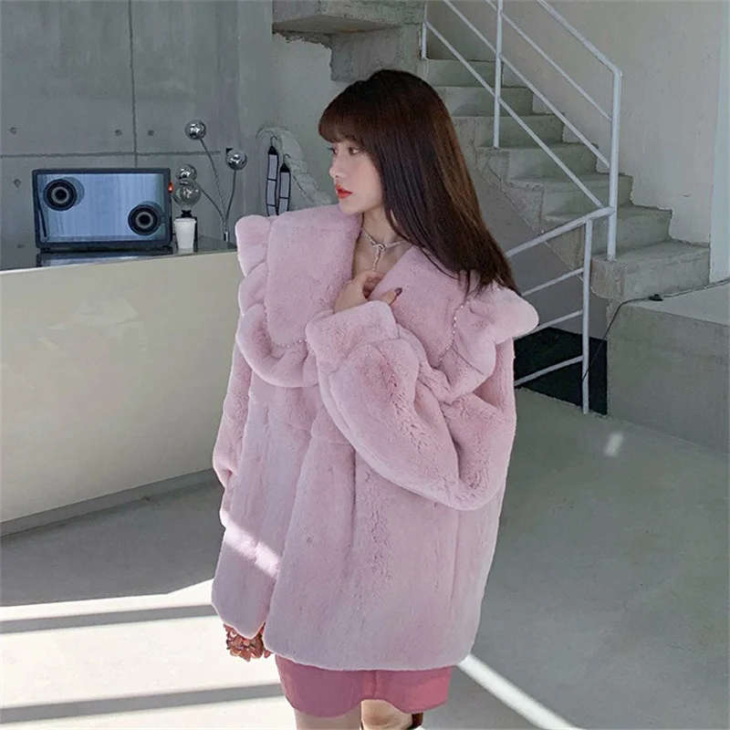 Winter Ladies Imported Fur Coat Luxury Imported Rex Rabbit Fur Warm Coat Lotus Collar Design Trend To Prevent Cold Coat winter luxury women s thermal coat high quality imported cashmere shearling coat hooded design to prevent cold fur coat