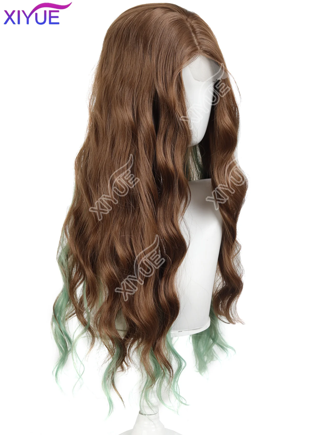 XIYUE Front lace Long Curly Brown highlights green Wave Synthetic Wigs with Bangs for Women Christmas Cosplay Wigs