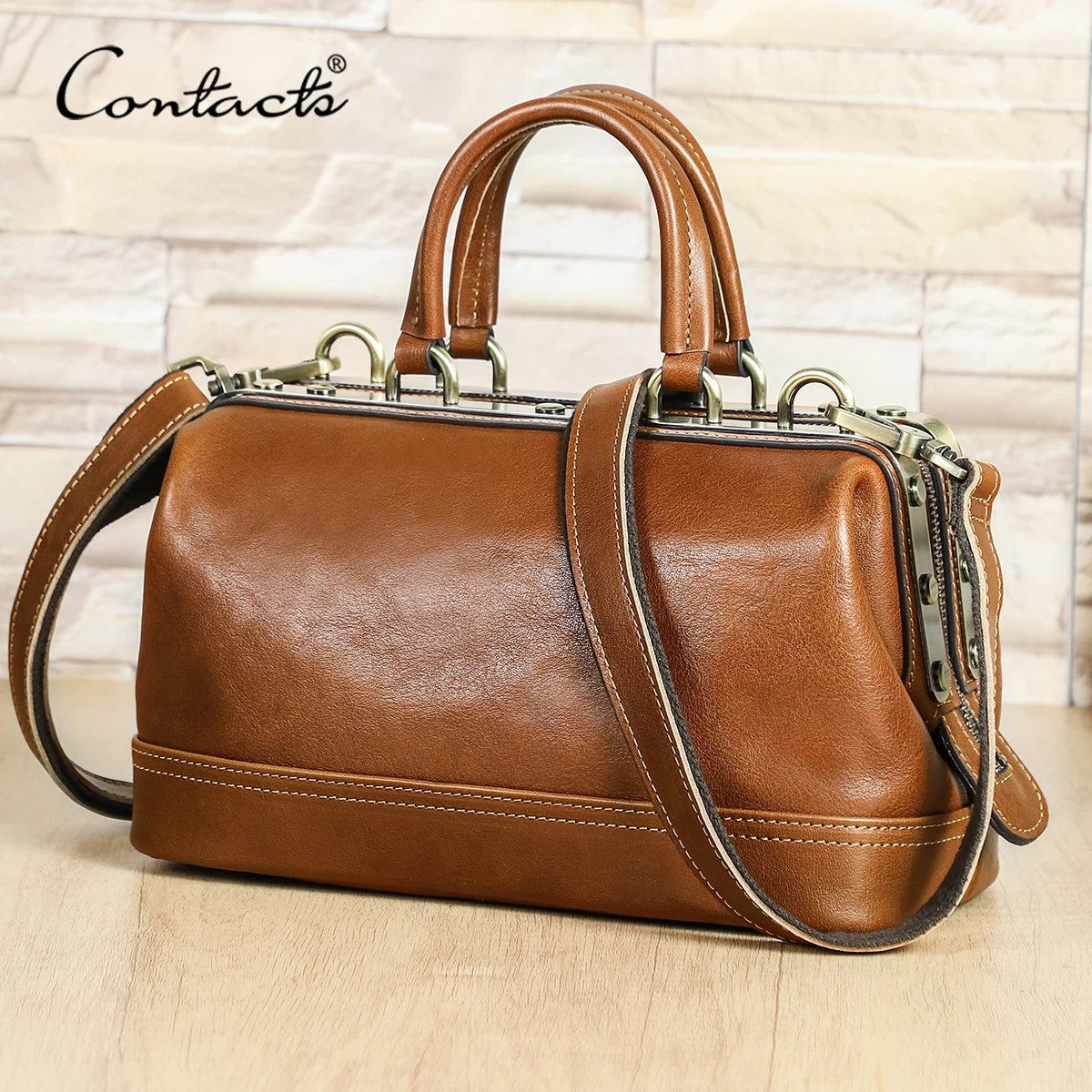 CONTACT'S Genuine Leather Shoulder Bags for Women Luxury Designer Doctor Bags Top Handle Bags Metal Frame Tote Handbags Ladies