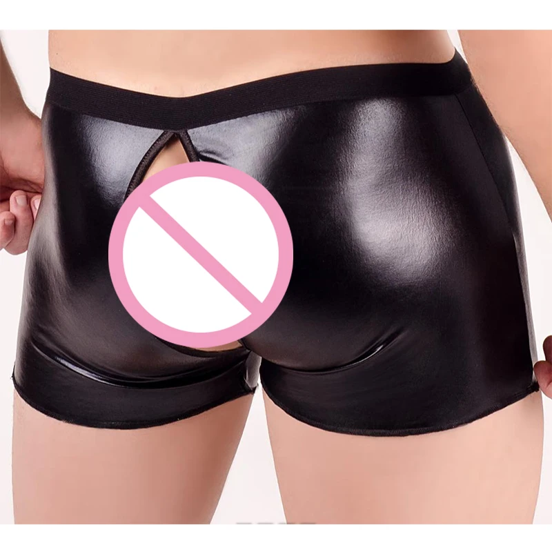 Sexy Men Boxer Shorts Fetish Lingerie Crotchless Open Butt Trunks Faux Leather Tight Gay Latex Pants Erotic Wetlook Nightwear