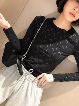Fashionable Printed Slim Fit Elastic Long Sleeved Women's T-Shirt Korean Casual Thin Comfortable Round Neck with Women Top 1