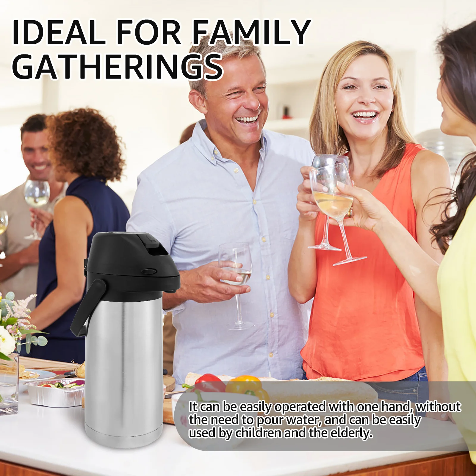 64oz/1.9L Coffee Carafe Push Type Thermos Kettle Stainless Steel Hot Coffee Pot Leak-proof Thermal Water Bottles for Home Travel