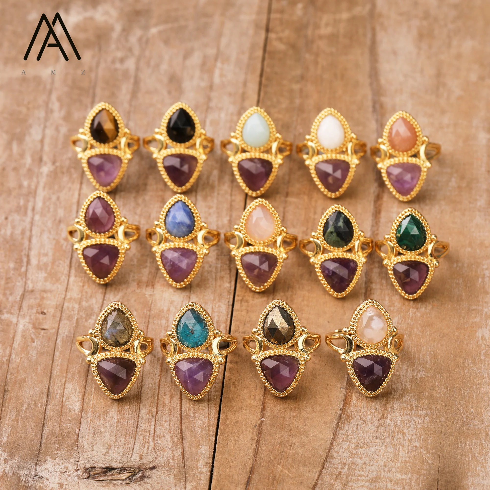Designer Amethyste Ringe Natur kristall Edelstein Tropfen Dreieck Form verstellbaren Ring Hochzeits schmuck – Detail 3
